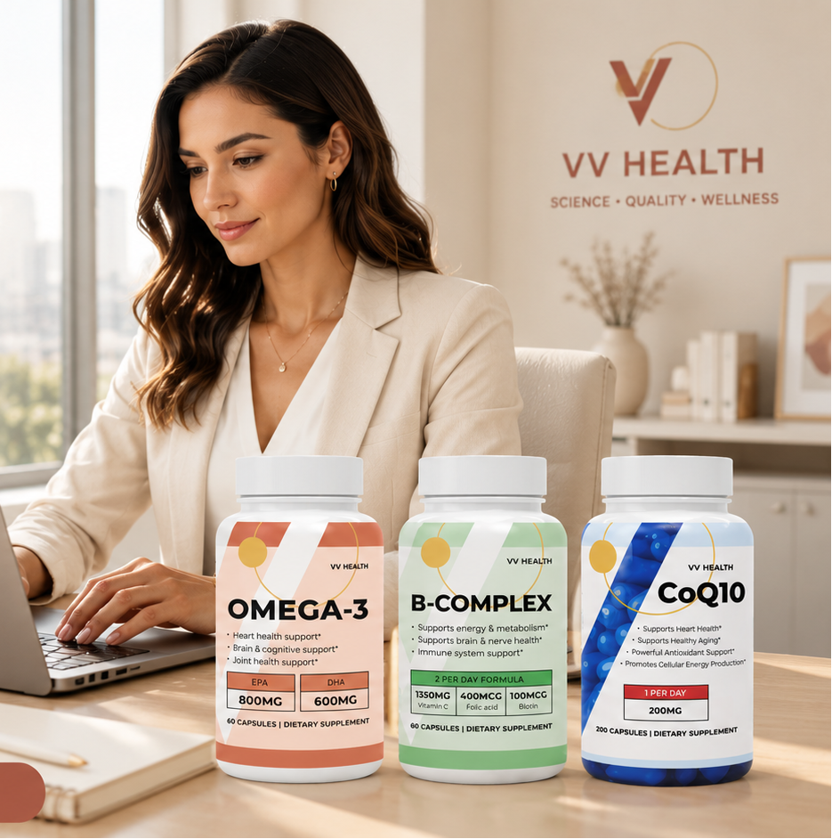 A woman in a beige blazer sits at a desk using a laptop in a bright office, with three VV Health supplement bottles in front of her: Omega-3, B-Complex, and CoQ10. The scene includes marketing text reading 'Energy & Focus' and VV Health branding.
