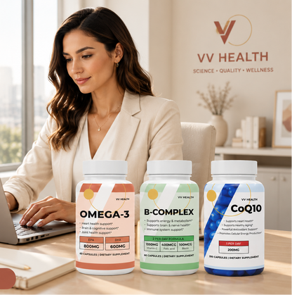 A woman in a beige blazer sits at a desk using a laptop in a bright office, with three VV Health supplement bottles in front of her: Omega-3, B-Complex, and CoQ10. The scene includes marketing text reading 'Energy & Focus' and VV Health branding.