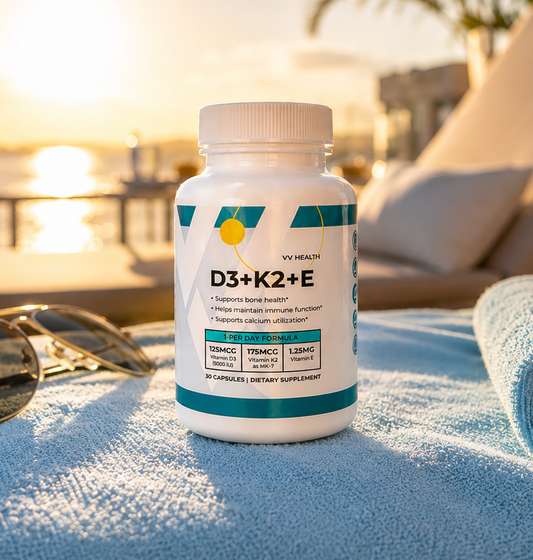 Supplement bottle labeled 'D3+K2+E' on a towel with sunglasses and a lounge chair by a poolside at sunset.