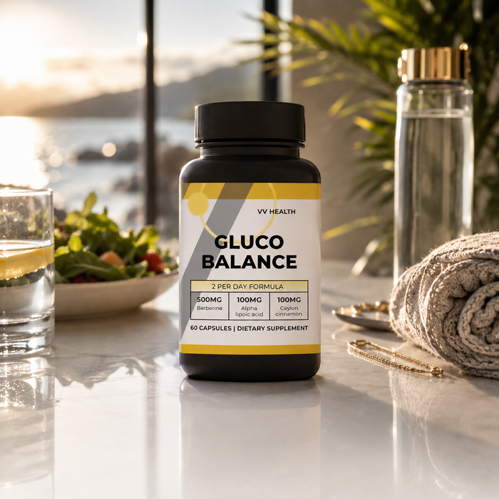 Supplement bottle labeled 'GLUCO BALANCE' by VV Health on a table with a scenic background.