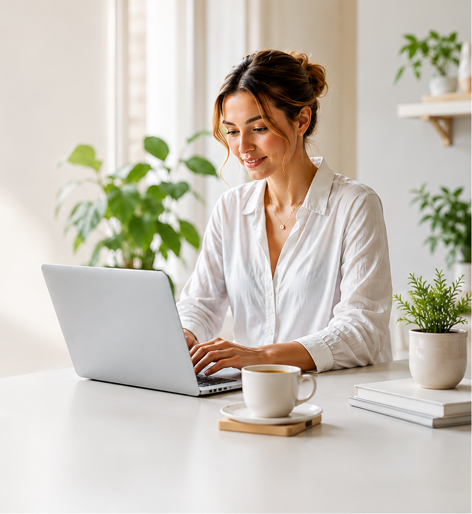 Woman using a laptop at a desk with a cup of coffee and plants in the background
