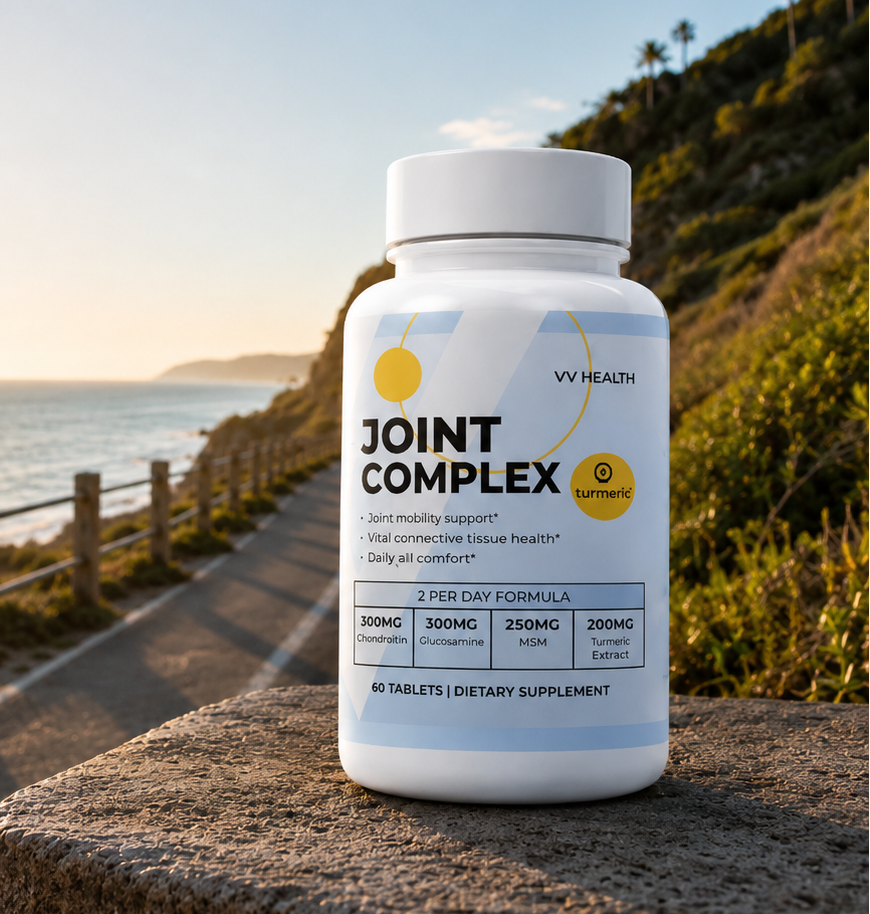 Supplement bottle labeled 'JOINT COMPLEX' on a coastal path with sunset