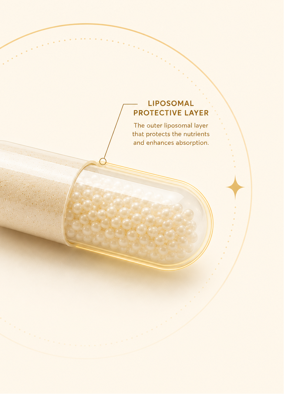 Capsule with liposomal protective layer on a light beige background