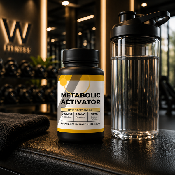 Supplement bottle labeled 'Metabolic Activator' next to a clear water bottle on a gym counter.