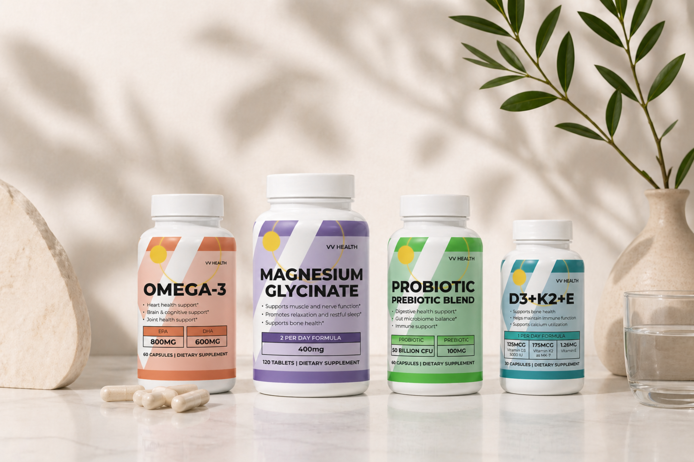 Four supplement bottles labeled Omega-3, Magnesium Glycinate, Probiotic Blend, and D3+K2+E on a light background with a plant.