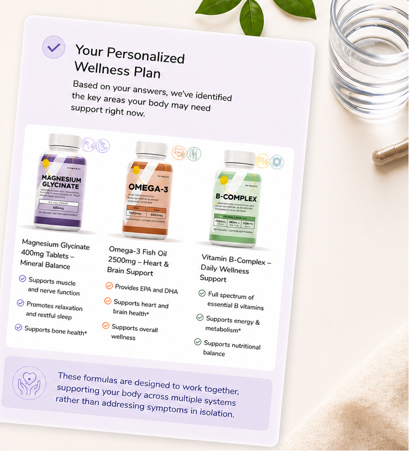 Personalized wellness plan with products and a glass of water on a light surface.
